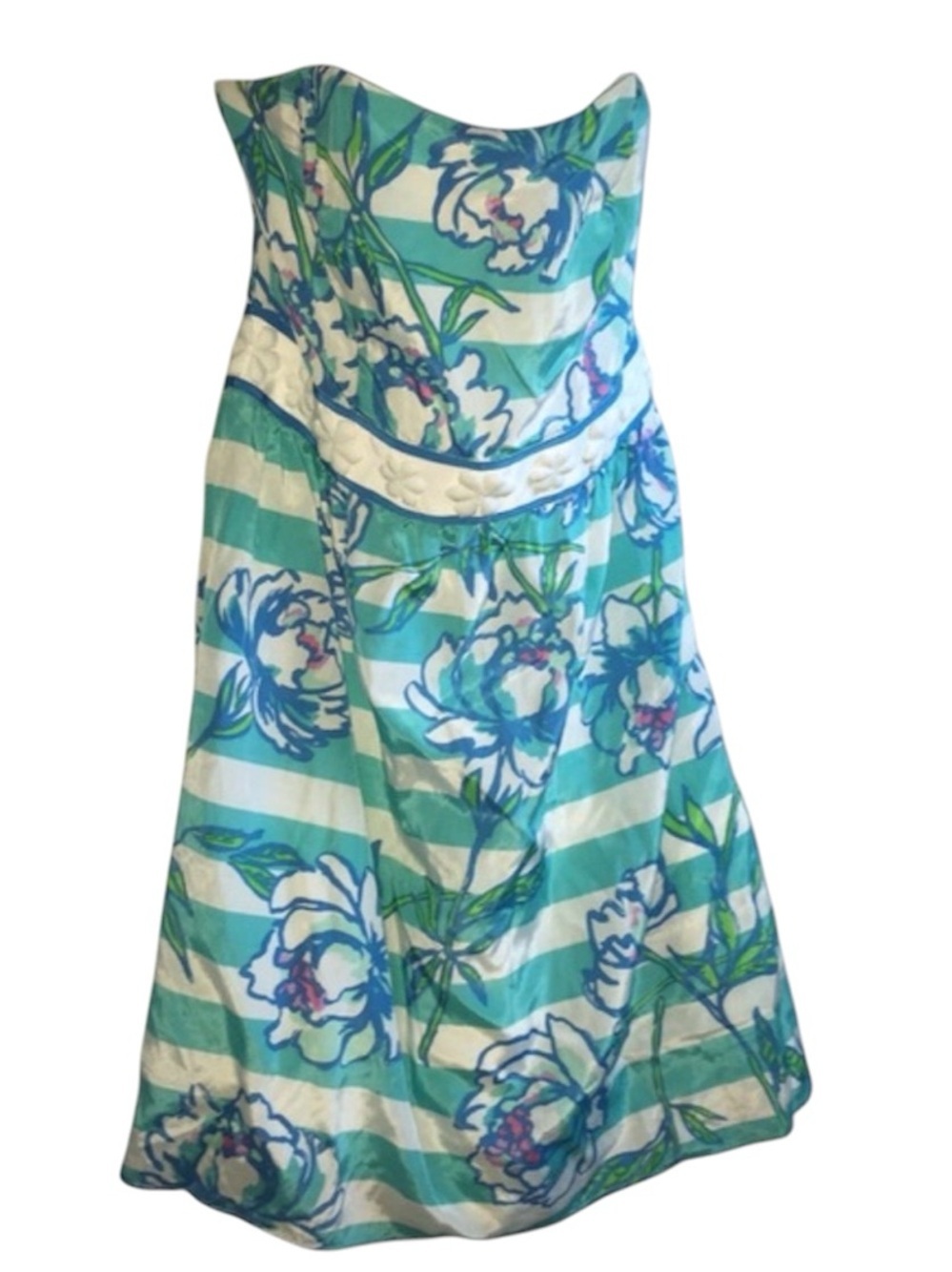 Strapless Aqua Floral Stripe Summer Dress - Picture 3 of 4